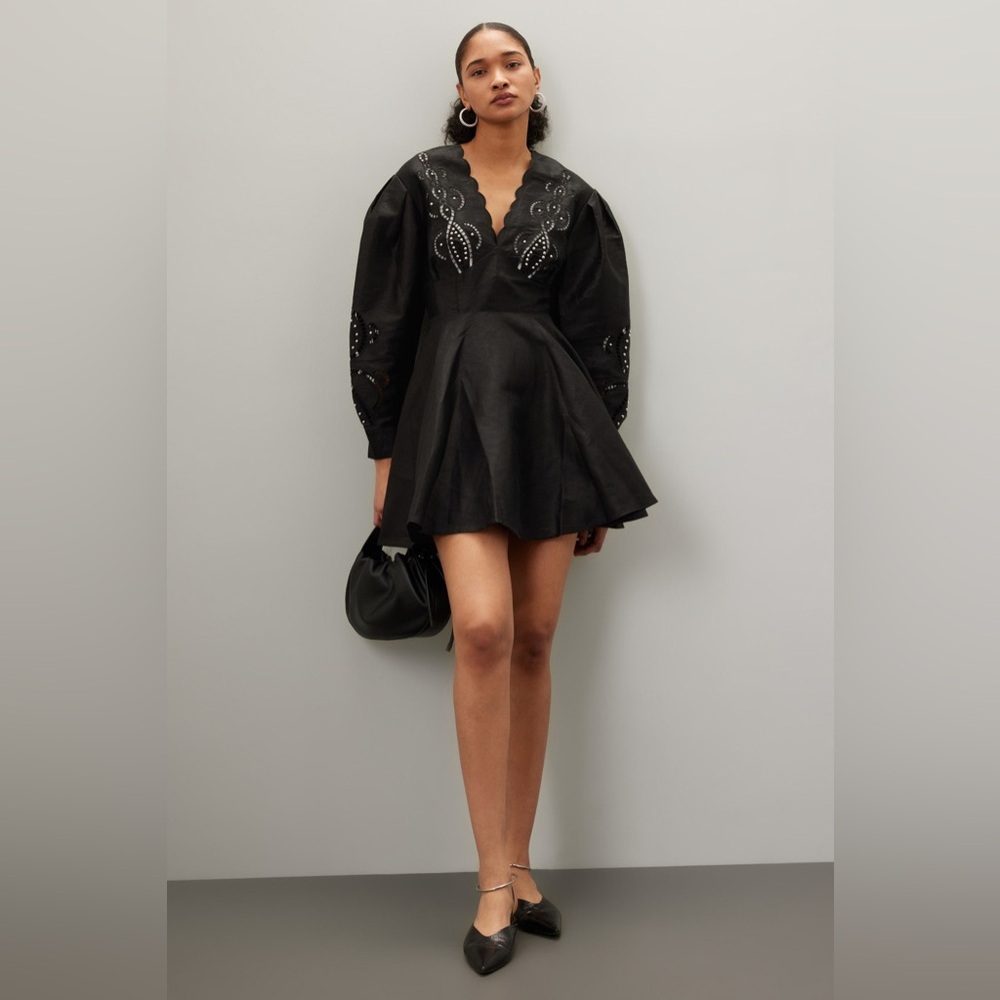 Maje Black Long-Sleeve Embellished V-Neck Fit-and-Flare Dress Small / 2 Repair - Picture 9 of 15